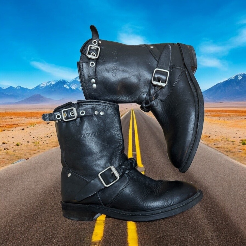 RARE-GOLDEN GOOSE Bikers Deluxe Brand Braided Black Leather Buckle Boots Moto 6
